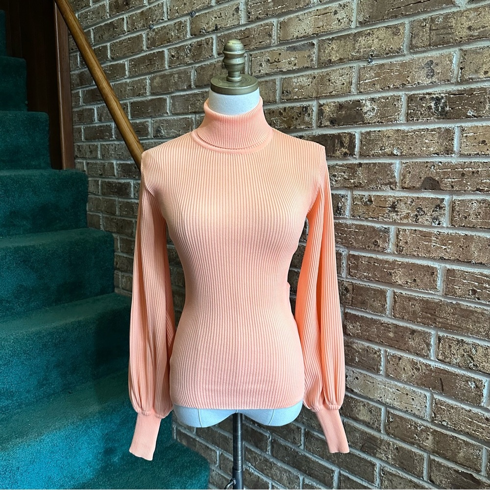 VTG 70s Retro Fitted Orange Pastel Bishop Sleeve Rib Knit Turtleneck Sweater